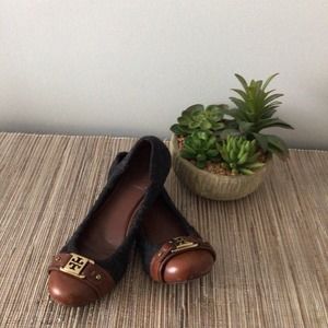 Tory Burch Ballet Flats Fabric Grey & Brown Leather Sz 7.5